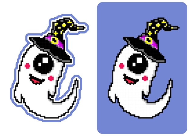 Pixel art linda mascota fantasma con un sombrero de bruja kawaii
