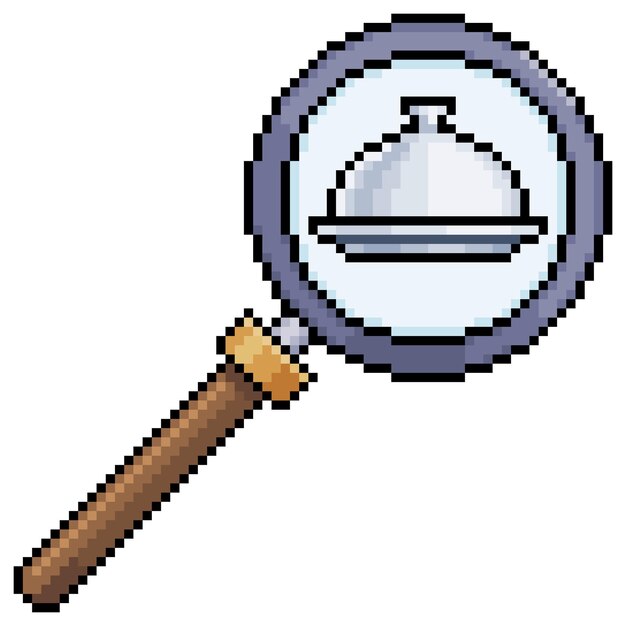 Pixel art lupa analizando icono de vector de bandeja de comida redonda para juego sobre fondo blanco