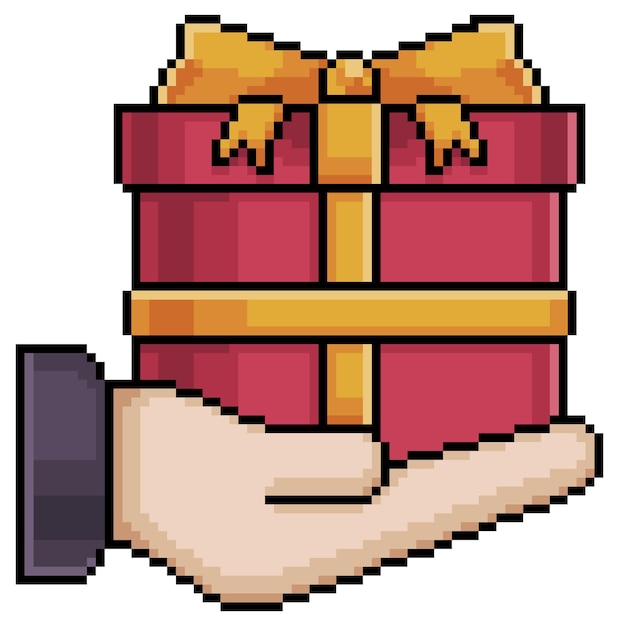 Pixel art mano con regalo, icono de vector de regalo rojo para juego de 8 bits sobre fondo blanco