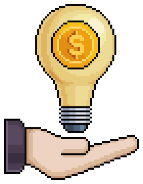 Pixel art mano sosteniendo moneda y lámpara de dinero, icono de vector de idea de inversión para juego de 8 bits