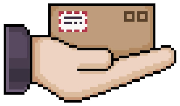 Pixel art mano sujetando una caja de cartón. Mano con icono de vector de paquete y paquete para juego de 8 bits