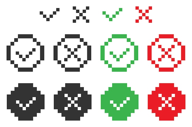 Pixel art Marca de verificación de 8 bits e icono de cruz Vector de botón de aplicación de símbolo de ilustración de elección positiva y negativa