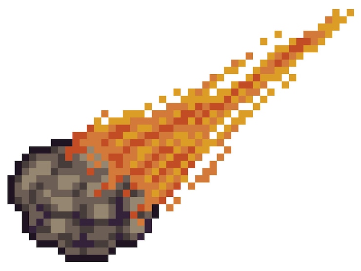 Vector pixel art meteoro, asteroide, elemento de juego de bits de cometa sobre fondo blanco