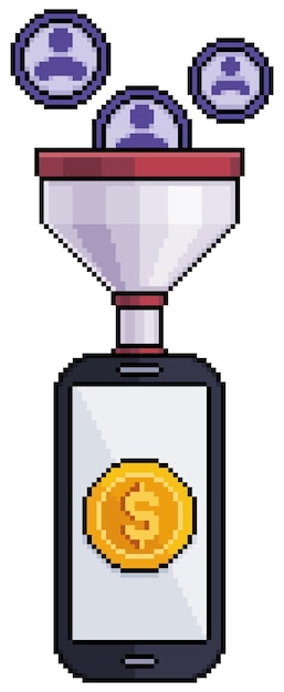 Pixel art móvil ventas embudo digital marketing vector icono para juego de 8 bits sobre fondo blanco