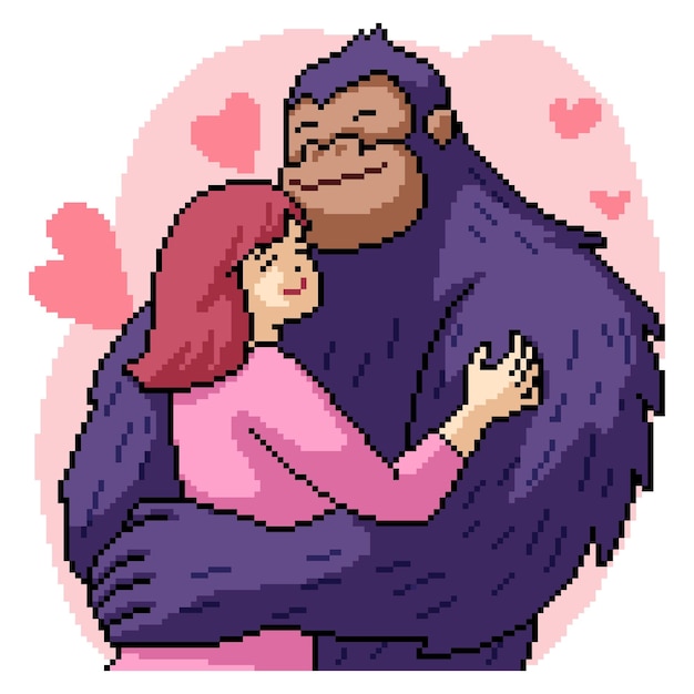 Pixel art mujer abrazo kong