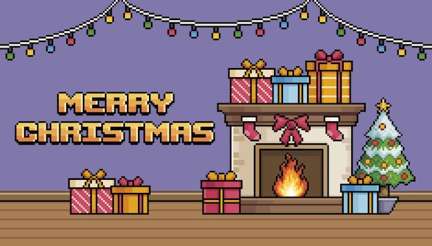 Pixel art navidad fondo feliz navidad texto, chimenea, árbol de navidad vector para juego de 8 bits