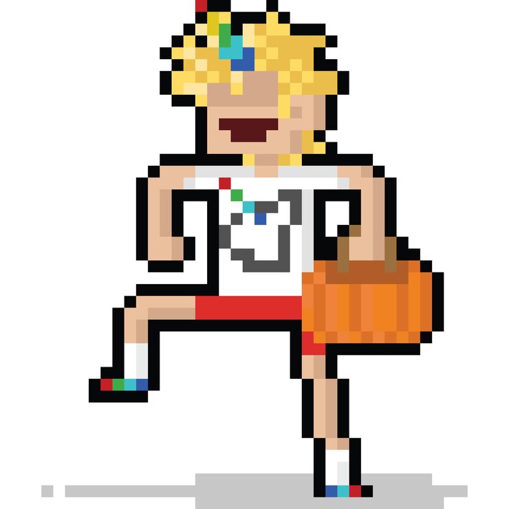 Vector pixel art niño de pelo rubio con cuerno de unicornio y sosteniendo la canasta de calabazas