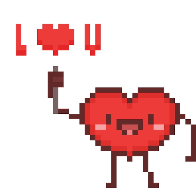 Pixel art personaje de dibujos animados de corazón con el signo I love you
