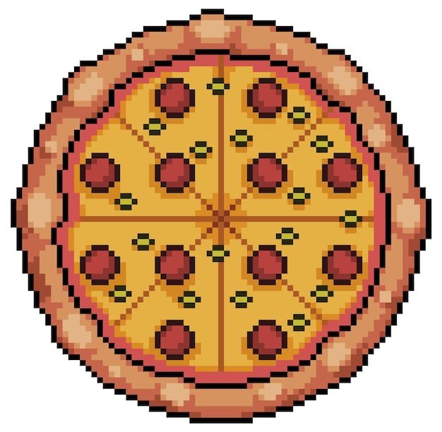 Pixel art pizza con pepperoni y queso. icono de juego de bits