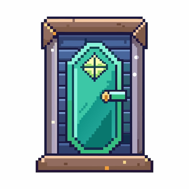 Pixel Art Puerta Verde Nostálgica Ilustración digital retro con patrones geométricos y fondo azul