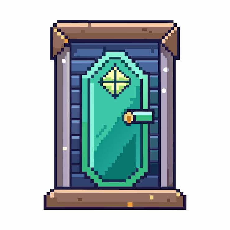 Vector pixel art puerta verde nostálgica ilustración digital retro con patrones geométricos y fondo azul