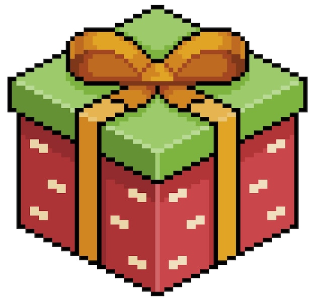 Pixel art regalo de navidad rojo y verde con icono de vector de arco dorado para juego de 8 bits sobre fondo blanco