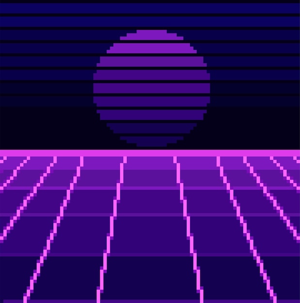 Pixel art Retro Wave Fondo de ciencia ficción con amanecer o atardecer Pixel art 80s Pixel art Juego de 8 bits