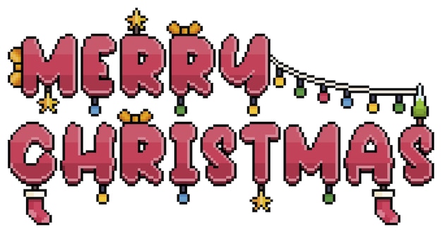 Pixel art rojo feliz navidad texto decorado con artículos de navidad icono vectorial para juego de 8 bits