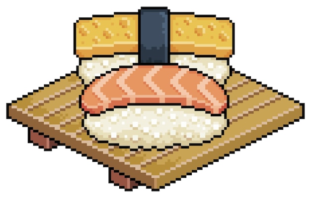 Vector pixel art sake nigiri y tamago en el icono de vector de tablero de sushi de madera para juego de 8 bits sobre fondo blanco