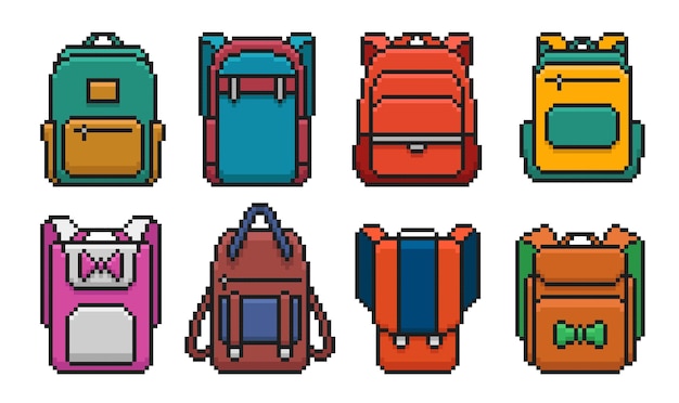 Pixel Art School Backpack Set Bolso de escuela de juego lindo en estilo retro Ilustración vectorial