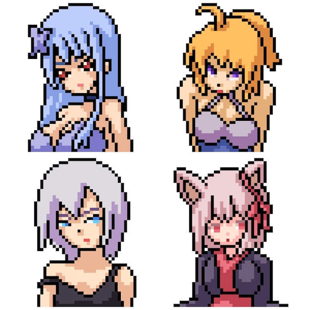 Pixel art set aislado anime girl