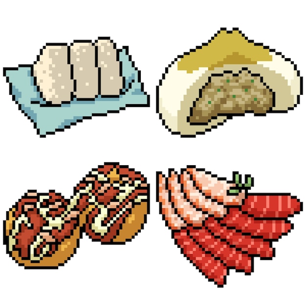 Pixel art set aislado snack asiático