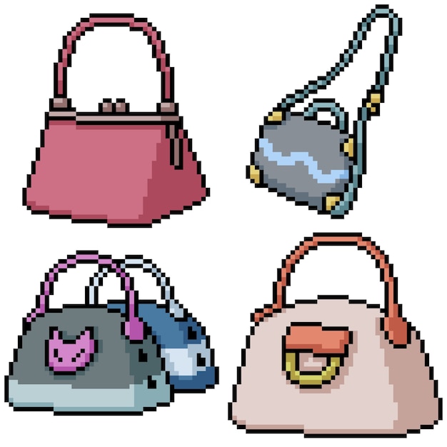 Pixel art set bolso de mujer aislada