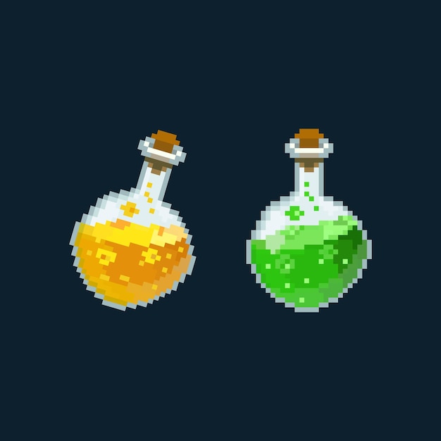 Pixel art set botella de poción aislada Vector Premium