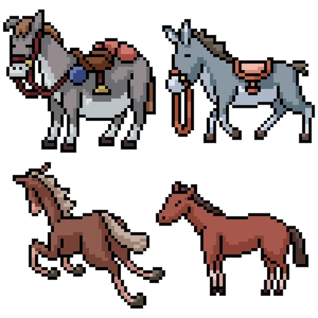 Pixel art set burro y caballo aislados