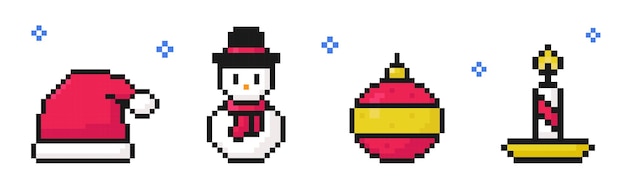 Pixel art set de iconos de navidad vintage 8 bit juegos de los años 80 y 90 artículos de juegos de arcade de computadora