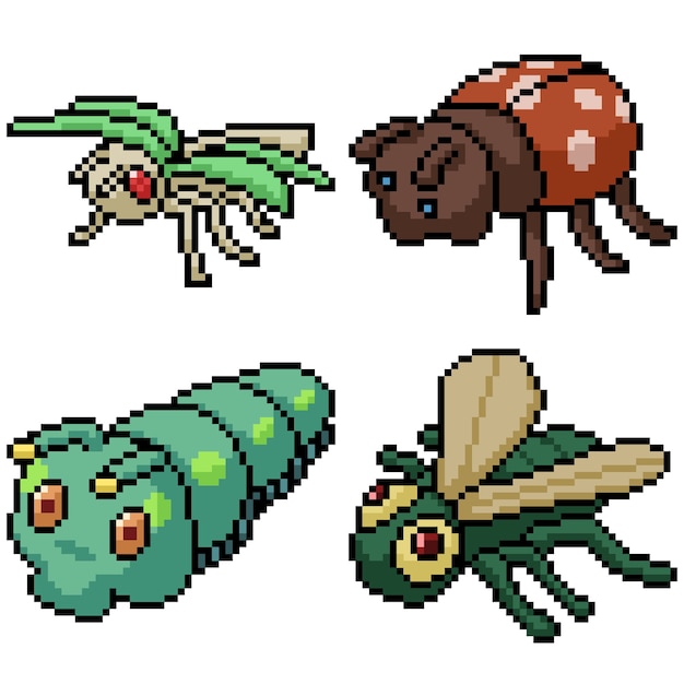 Pixel art set muñeca insecto aislado