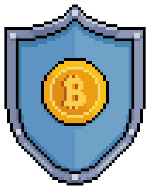 Pixel art shield bitcoin Security en icono de vector de criptomonedas para juego de 8 bits sobre fondo blanco.
