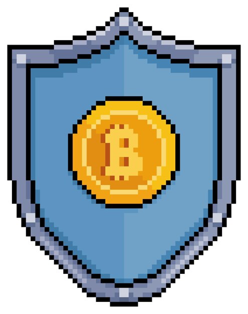 Vector pixel art shield bitcoin security en icono de vector de criptomonedas para juego de 8 bits sobre fondo blanco.