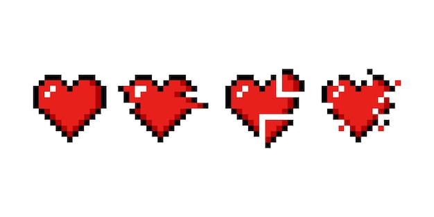 Pixel art signo de corazón de 8 bits. Efecto de destrucción, efecto de falla. vector sobre fondo blanco.