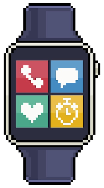 Pixel art smartwatch con icono de vector de menú de aplicaciones para juego de 8 bits sobre fondo blanco