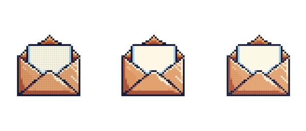 Pixel art de un sobre abierto con una carta en el interior en un estilo de videojuego retro perfecto para el Día de San Valentín o mensajes románticos