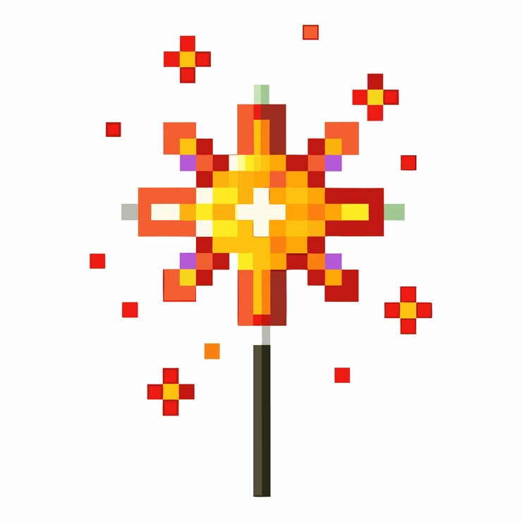 Vector pixel art sparkler fuegos artificiales con colores vibrantes y celebración al estilo de minecraft