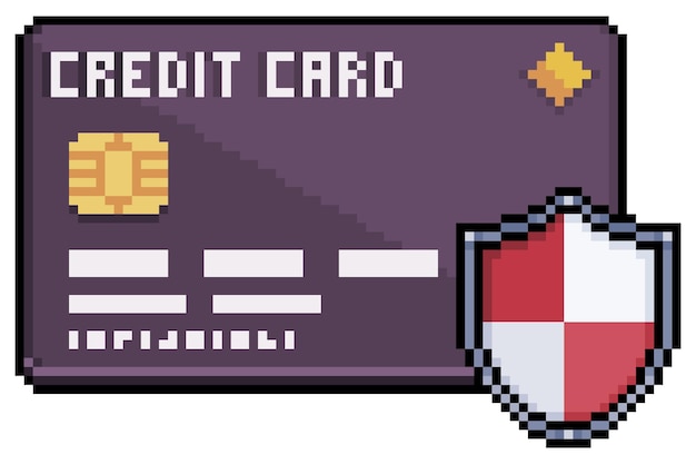 Pixel art tarjeta de crédito con icono de vector de escudo de seguridad para juego de 8 bits sobre fondo blanco