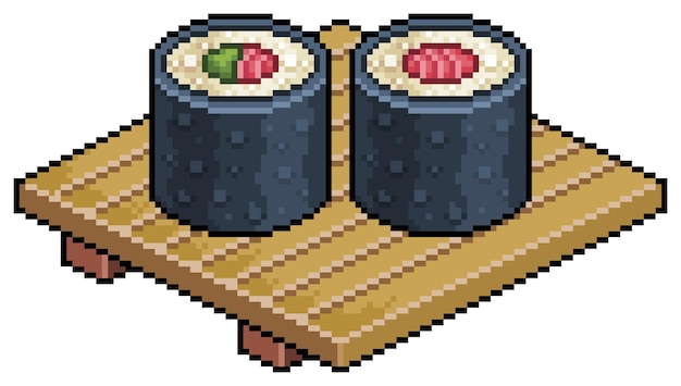 Pixel art tekka maki, hosomaki en tablero de madera para icono de vector de sushi para juego de 8 bits