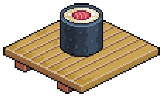 Pixel art tekka maki en tablero de madera para icono de vector de sushi para juego de 8 bits sobre fondo blanco