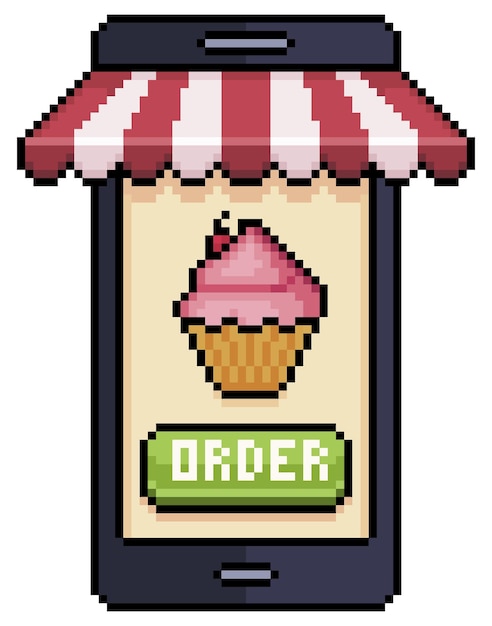 Vector pixel art teléfono móvil ordenando cupcake en icono de vector de aplicación de alimentos para juego de 8 bits sobre fondo blanco