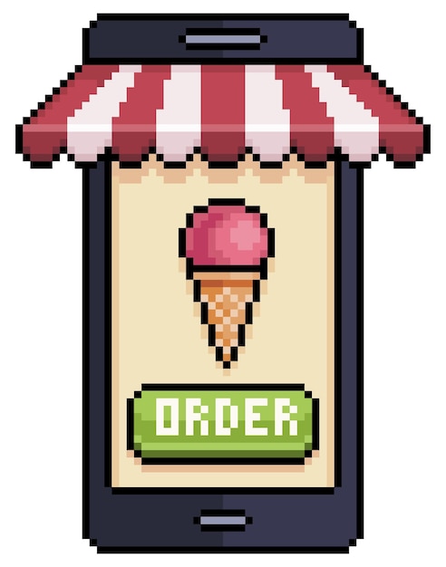Pixel art teléfono móvil pidiendo helado en el icono de vector de aplicación de alimentos para juego de 8 bits sobre fondo blanco