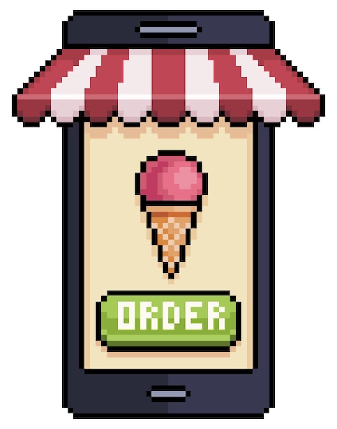 Vector pixel art teléfono móvil pidiendo helado en el icono de vector de aplicación de alimentos para juego de 8 bits sobre fondo blanco