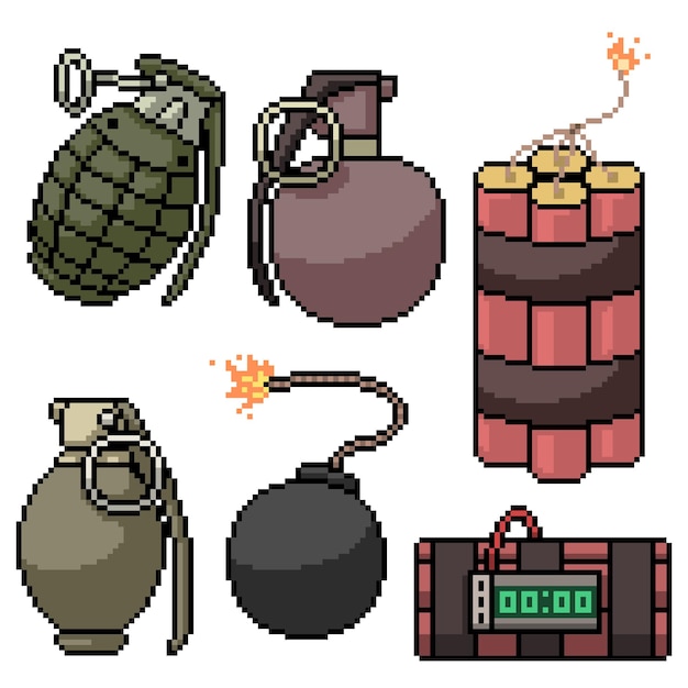 Pixel art de varias armas bomba.