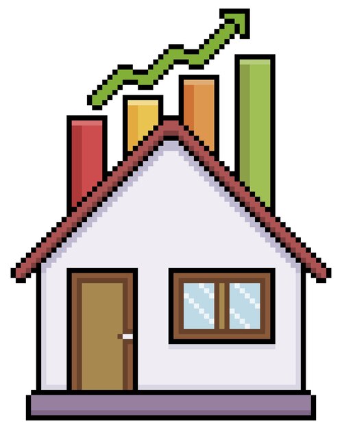 Pixel de arte de la casa con gráfico de apreciación en estilo 8bit