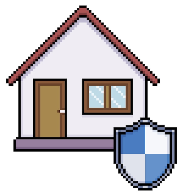 Pixel de arte de la casa con icono de escudo en estilo 8bit
