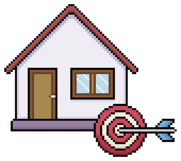 Pixel de arte de la casa con icono de objetivo y flecha en estilo 8bit sobre fondo blanco