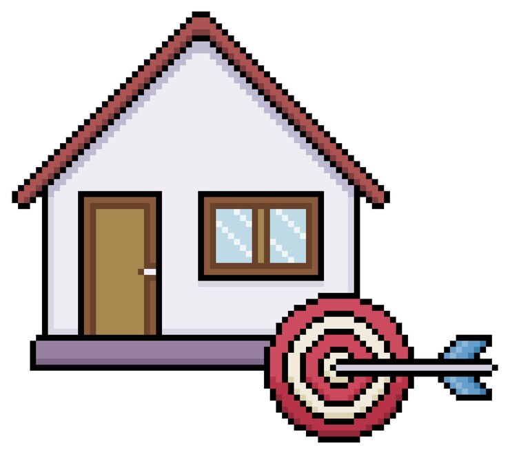 Vector pixel de arte de la casa con icono de objetivo y flecha en estilo 8bit sobre fondo blanco
