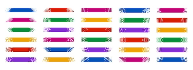 Pixel banner Header strips with digital dotted patterns pixelated title frames and 8 bit horizontal label backgrounds Header and footer layout with mosaic edges isolated vector set