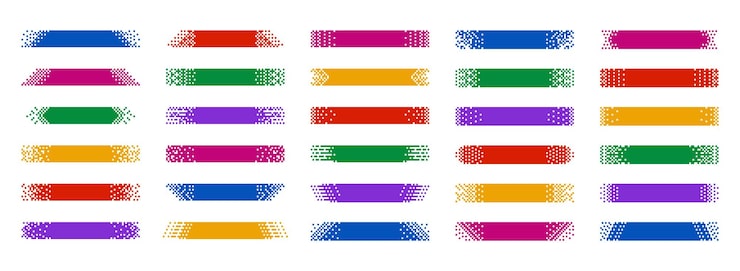 Vector pixel banner header strips with digital dotted patterns pixelated title frames and 8 bit horizontal label backgrounds header and footer layout with mosaic edges isolated vector set