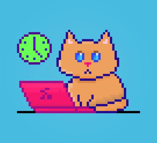 Pixel cat trabajando en una linda mascota portátil rosa