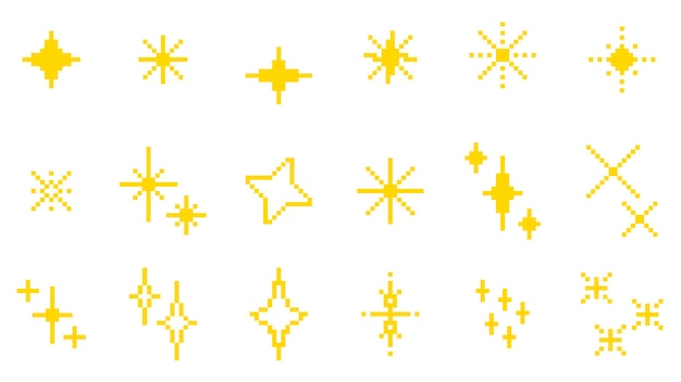 Pixel chispas estrellas brillantes partículas brillantes conjunto de estilo retro elementos gráficos de juego de píxeles amarillos