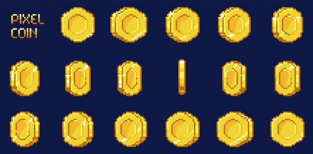 Pixel coin animation sprite Retro dinero de juego de 8 bits monedas de oro y objetos de bonificación activo de videojuegos de arcade 2d Vector dinero de oro y colección de monedas de pixel de oro