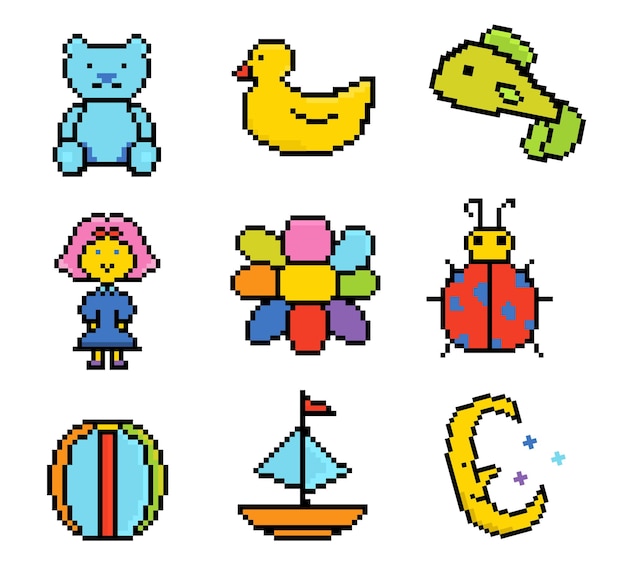 Pixel conjunto brillante de iconos de juguetes para niños